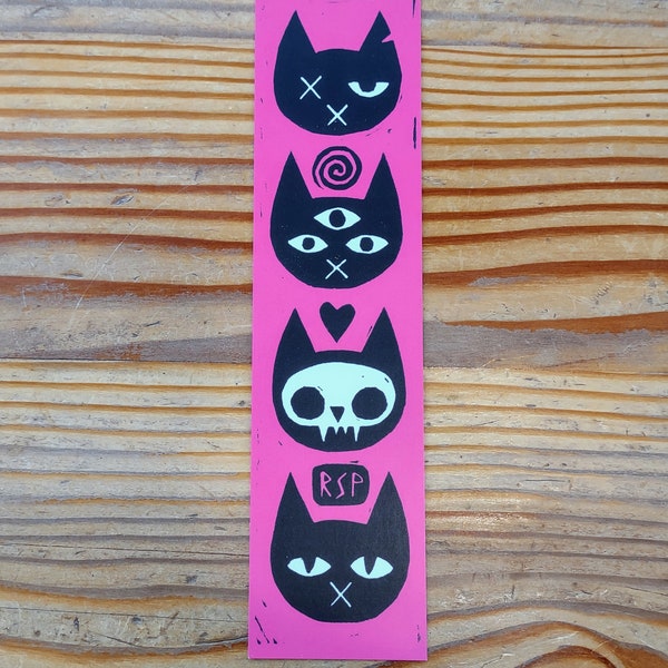 Pink Cats Bookmark from linocut art