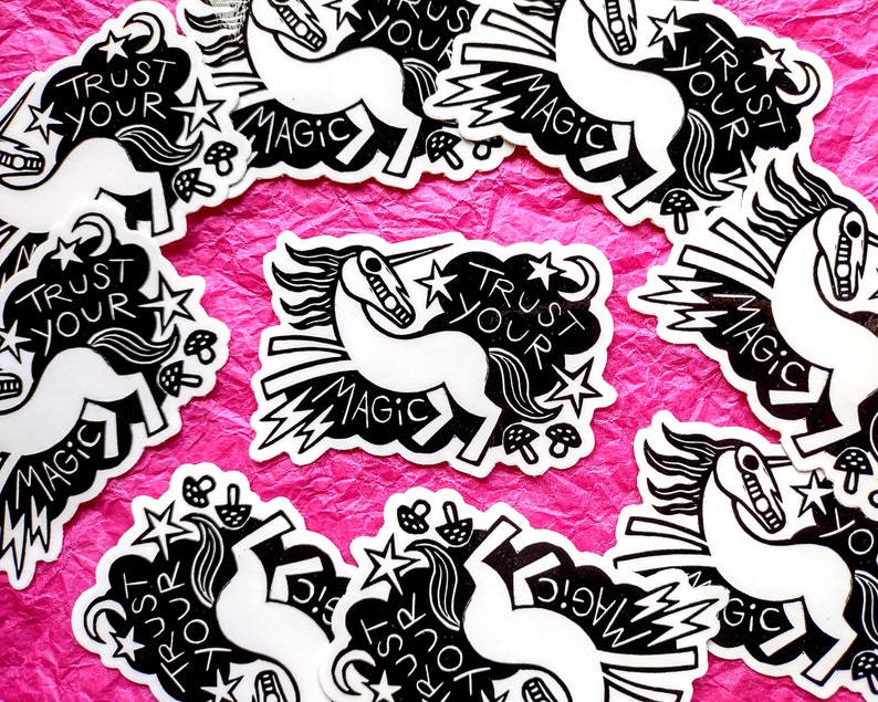 Trust Your Magic Unicorn // 3 vinyl sticker // original linocut illustration image 2