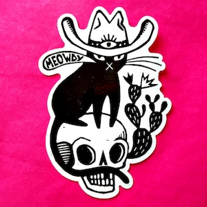 Adesivo artistico: Meowdy / Gatto cowboy con teschio e cactus // disegno originale inciso su linoleum