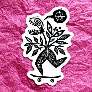 May include: Black and white sticker featuring a stylized illustration of a plant with eyes and a mouth, riding a skateboard. The plant has a large leaf and a small circle with an anarchy symbol above it.