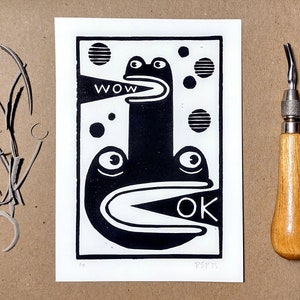 Linocut print | Weird Frog Situation | original handmade block print art
