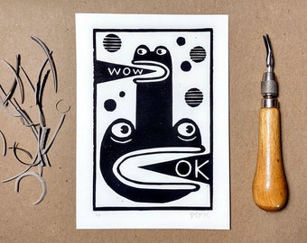 Linocut print | Weird Frog Situation | original handmade block print art