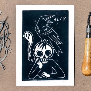 Linocut print | Quoth the Raven | skeleton ghost crow original handmade weird wall art block print