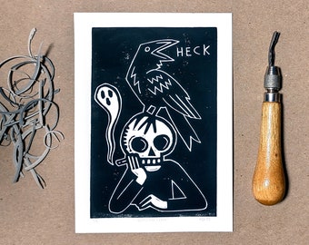 Linocut print | Quoth the Raven | skeleton ghost crow original handmade weird wall art block print