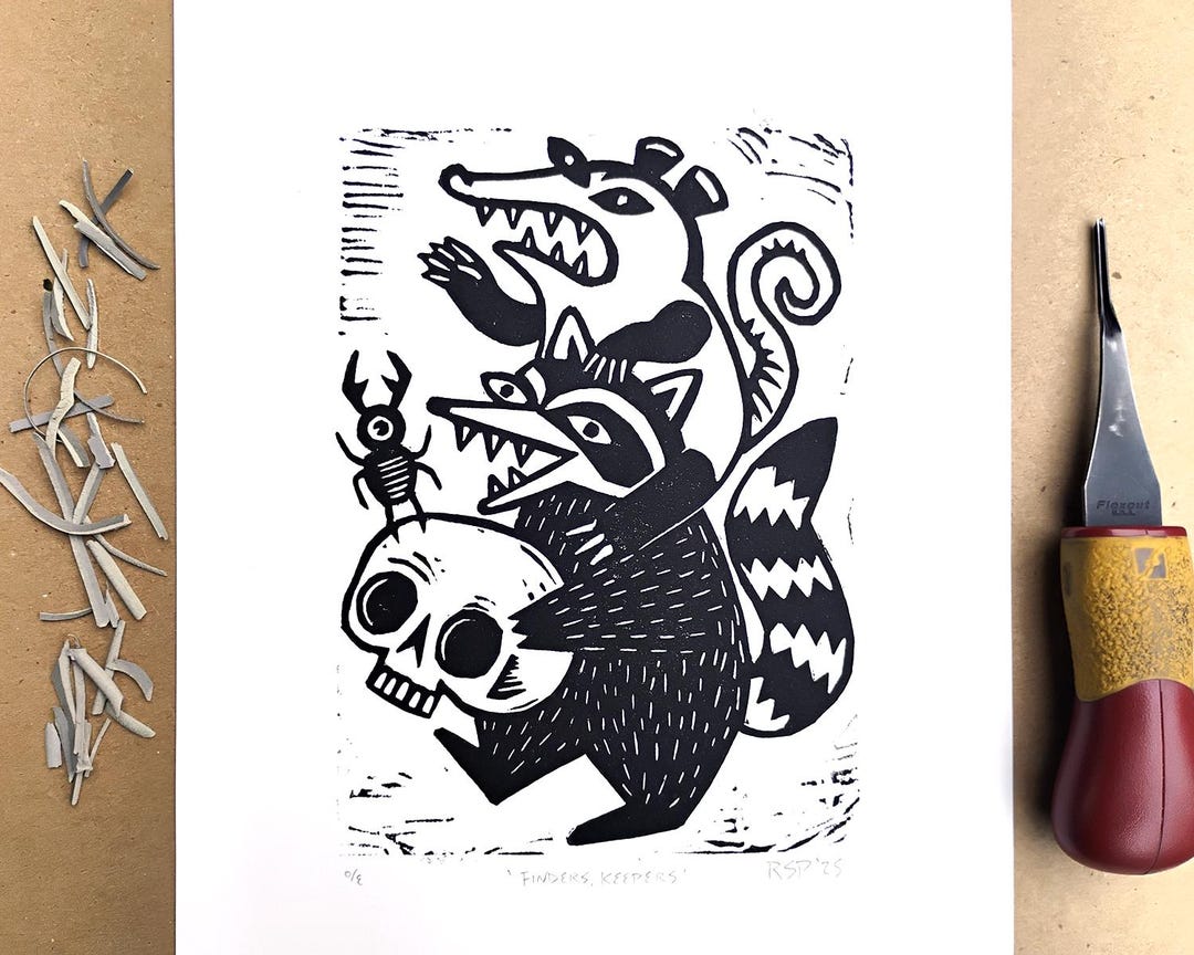 Linocut Print: Raccoon Possum and Bug With Skull - Etsy