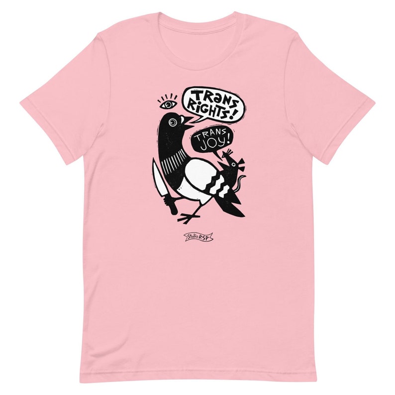 Trans Rights Trans Joy Pigeon Rat T-Shirt // original linocut illustration by Studio RSP
