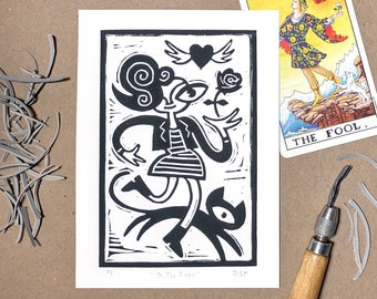 Linocut print | The Fool tarot card | original handmade block print weird wall art witchy decor