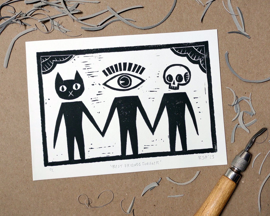 Linocut Print Best Friends Forever Original Handmade Block Print Weird