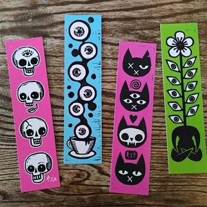 Bookmark bundle // Skulls Cats Plant Eyeballs Coffee // weird linocut art by RSP