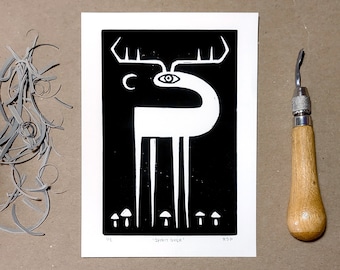 Linocut print | Spirit Deer | original handmade block print weird wall art