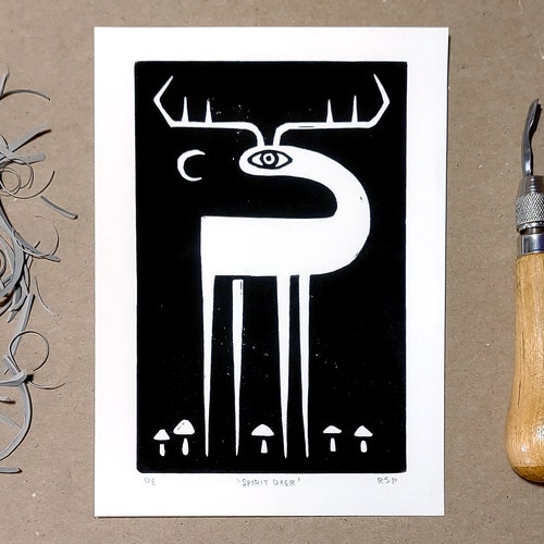 Impression linogravure | Cerf spirituel | Art mural original fait main avec impression de blocs