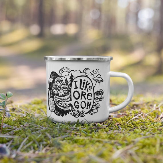 Enamel Camping Mug: Bigfoot Oregon Adventure / original linocut design