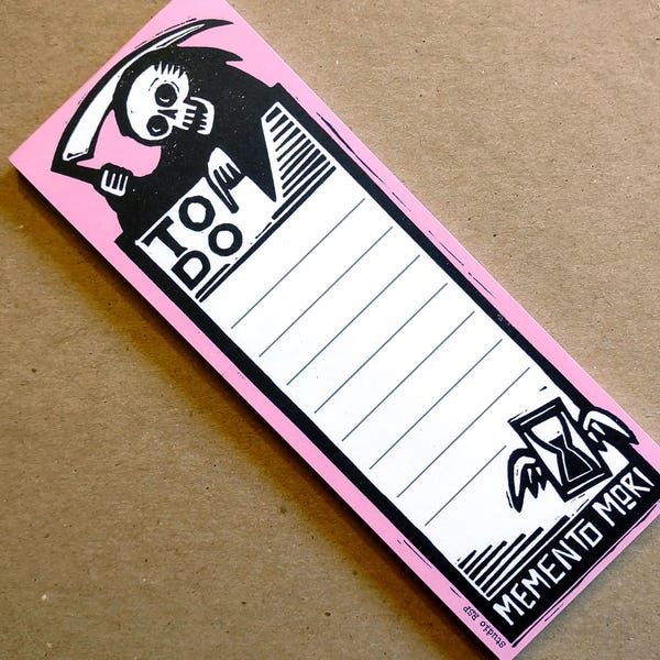 Memento Mori To Do List / pink notepad with magnet // whimsical grim reaper art