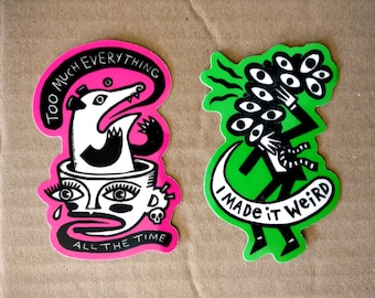 Anxiety Art Sticker Set: Overwhelmed Possum Brain & Weird Eyes Guy