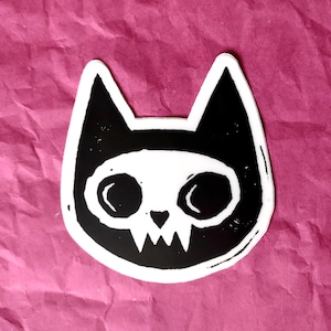 Skull Cat | 2.5&quot; vinyl sticker | linocut design