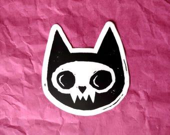 Skull Cat | 2.5&quot; vinyl sticker | linocut design