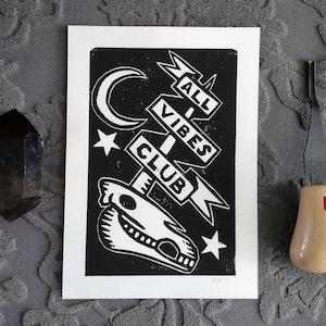 Linocut art | All Vibes Club unicorn skull | original handmade block print