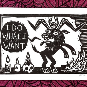 Linocut art | I Do What I Want devil goat | original handmade block print