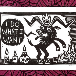 Linocut art | I Do What I Want devil goat | original handmade block print