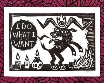 Linocut art | I Do What I Want devil goat | original handmade block print