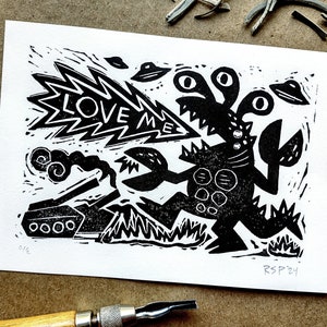 Linocut print / Giant Monster Love Attack // original handmade block print / weird kaiju wall art