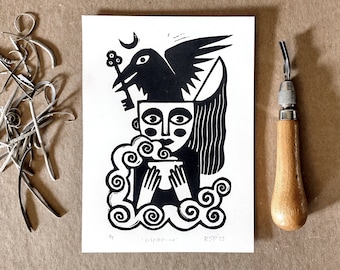 Linocut print | Inspiration Raven | original handmade block print | weird witch wall art