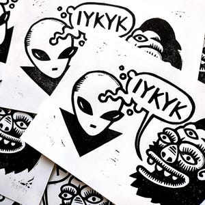 Linocut Print // Alien Bigfoot IYKYK // Original Handmade Block Print ...