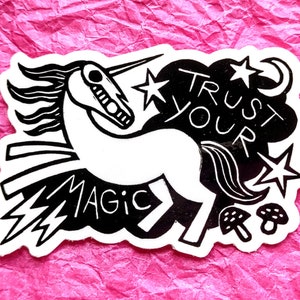 Trust Your Magic Unicorn // 3 vinyl sticker // original linocut illustration image 1