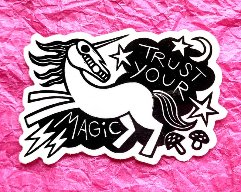 Trust Your Magic Unicorn // 3 vinyl sticker // original linocut illustration image 1