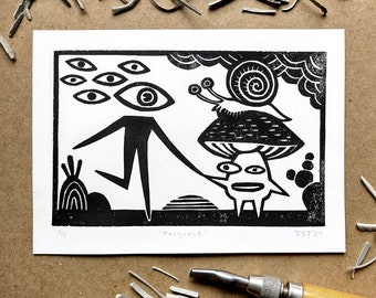 Linocut print // Polycule // original handmade weird wall art // mushroom snail eyeball friends