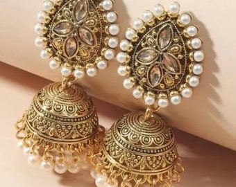 Jumka| Diwali present | secret Santa | Indian earrings | traditional Indian earrings | bridal | faux Pearl | tassel and gold | drop earrings