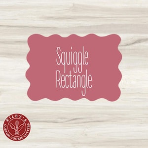 Puede incluir: Un cortador de galletas de color rosa polvoriento con forma de rectángulo ondulado. Las palabras "Squiggle Rectangle" están escritas en escritura blanca. Un logotipo circular con el texto "Riley's Custom Cookie Cutters" está en la esquina inferior izquierda.