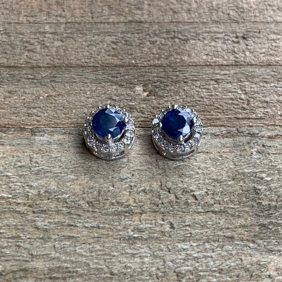 Natural 1.50 Ct Blackish Blue Sapphire & Diamond Halo Set Earrings In White Gold