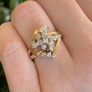 Vintage Diamond Statement Ring/ Diamond Fashion Ring/ 14 Karat Gold Cocktail Ring/ Bypass Diamond Statement Ring