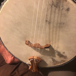 Può includere: Un banjo bianco con un manico in legno e un ponte in legno. Il banjo ha quattro corde e una testa rotonda e bianca.