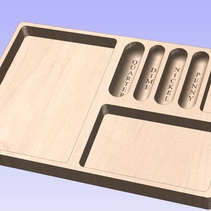 May include: Wooden coin tray with separate compartments for quarters, dimes, nickels, and pennies. The tray has a large rectangular compartment for notes.