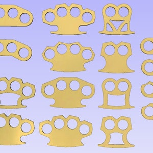 Könnte beinhalten: Eine Sammlung von 16 verschiedenen Schlagring-Designs, darunter klassische Vierloch-, Zweiloch- und Einloch-Stile. Die Schlagringe sind alle aus massivem Messing gefertigt und haben eine polierte Oberfläche.