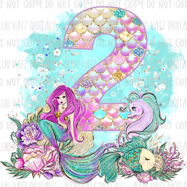 Mermaid Watercolor 2nd Birthday design PNG file/ digital Download only/under the sea two birthday design/ PNG file