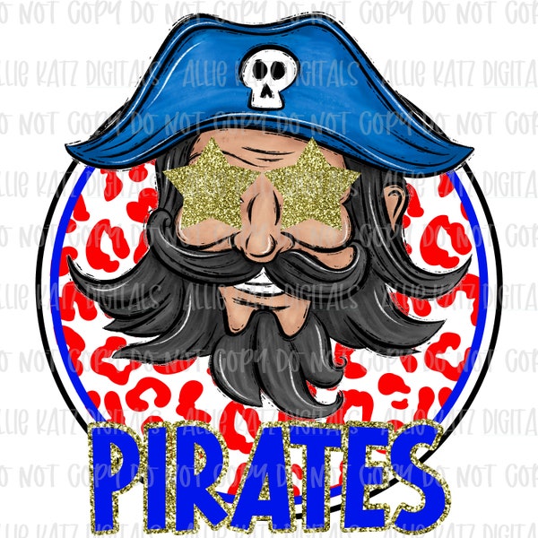 Pirates red blue leopard star eye school mascot PNG file/ digital Download only/team spirit design/spirit wear/team mascot PNG file