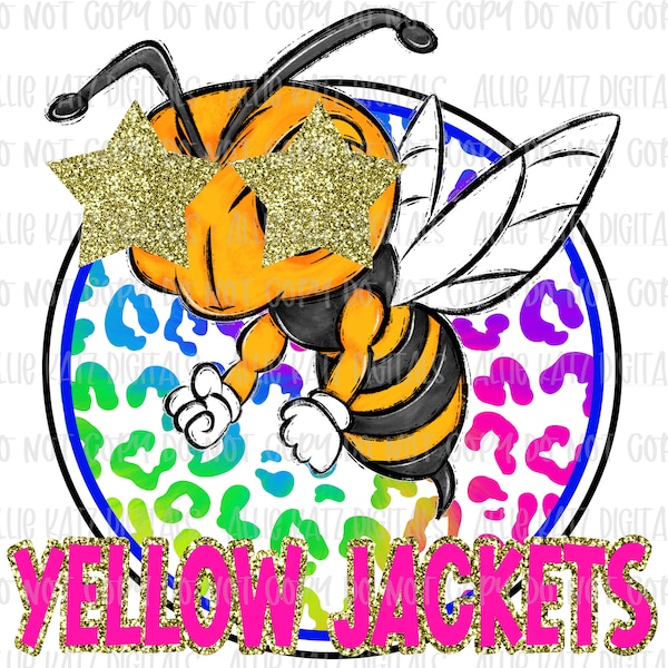 Yellow Jacket rainbow leopard star eye school mascot PNG file/ digital Download only/team spirit design/spirit wear/team mascot PNG file