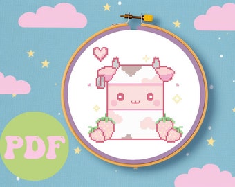 Vaca Lechera de Fresa ~ Patrón de punto de cruz kawaii pastel ~ Descarga digital PDF