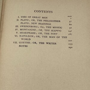 May include: A page from a book with the title "CONTENTS" at the top. The text lists chapter titles such as "USES OF GREAT MEN" and "PLATO", along with corresponding page numbers. The text is in black font.