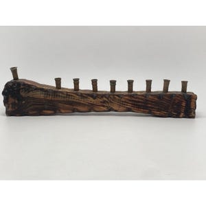 Gorgeous Vintage Hannukah Menorah, Land of Israel, Copper & Wood 14x3.5"