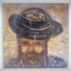 May include: An oil painting portrait of a man wearing a dark brown hat. The man has a brown beard and is wearing a purple shirt. The painting is framed in a white wooden frame.