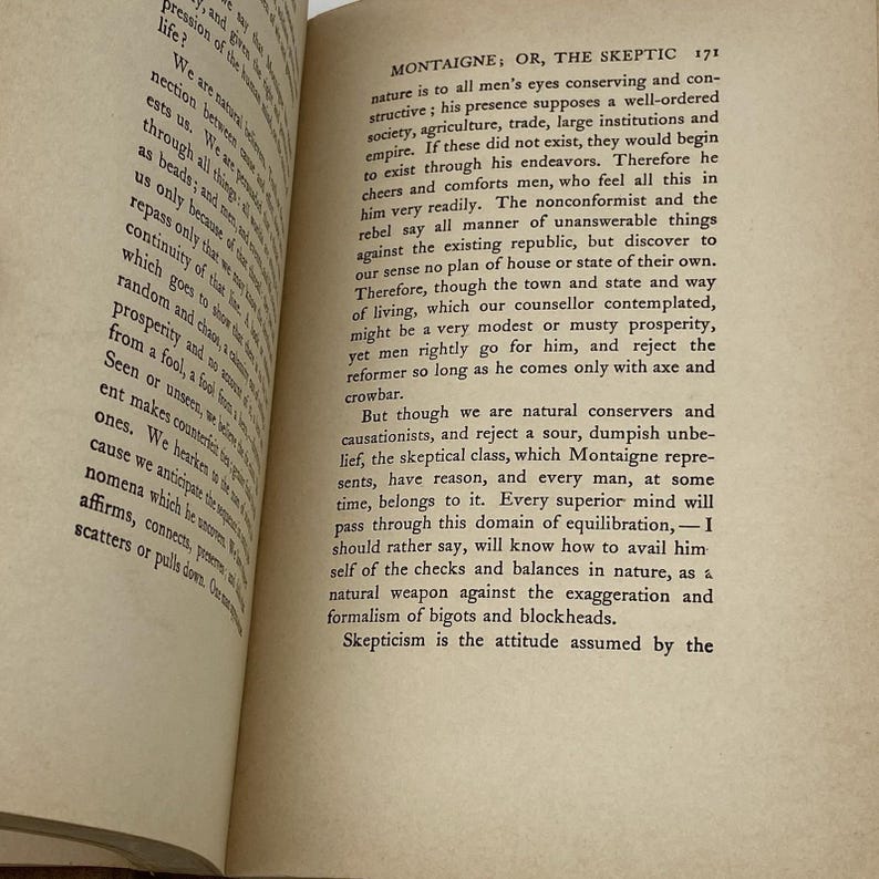 May include: Open book pages with printed text. The text is in black font on aged, off-white paper. The title "MONTAIGNE; OR, THE SKEPTIC" is visible at the top of the right page. The book is open to a section of text.