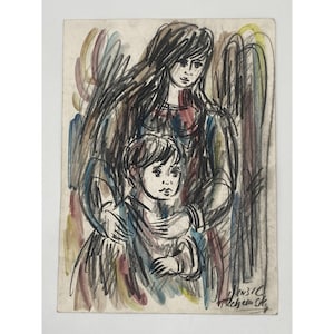 Mother & Child - Moshe Tuchemsky b. 1922 (Israeli) 13.5x 10&quot; Pastel on Paper