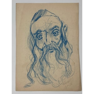 Blue Rabbi - Moshe Tuchemsky b. 1922 (Israeli) 14 x 10&quot; Color Pencil on Paper