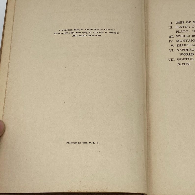 May include: Open book pages with text. The left page has copyright information. The right page lists topics including Plato, Shakespeare, and Goethe. The text is in black font on a beige background. The bottom of the left page reads "PRINTED IN THE U. S. A."