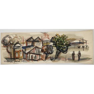 City Scape 5 - Moshe Tuchemsky b. 1922 (Israeli) 19 x 7" Gouache on Paper