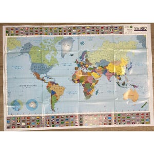 HEBRÄISCHE Karte der Welt und ihrer Länder, Vintage Gedruckt in Israel 1996 90x70 cm